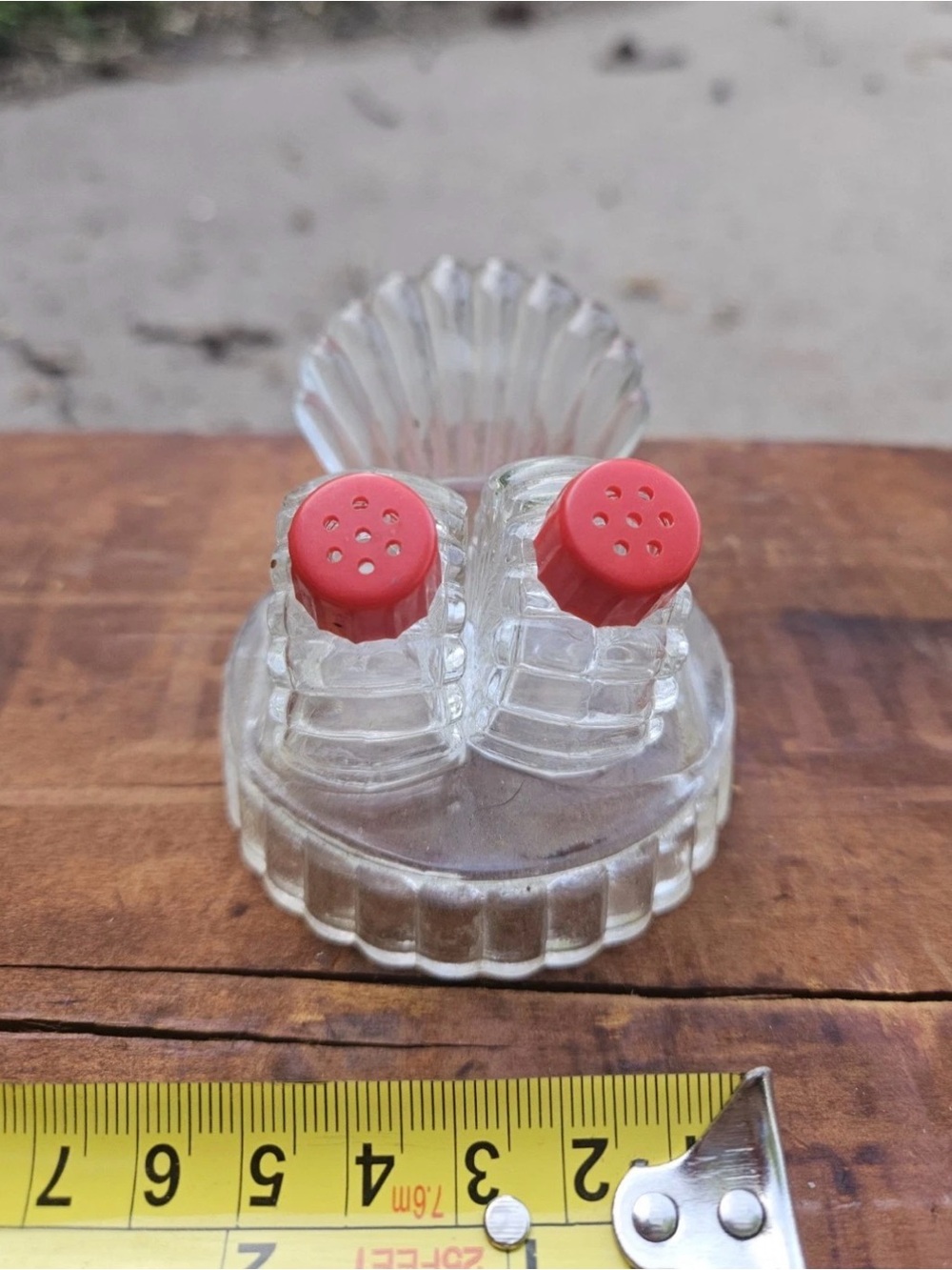 Vintage Glass Shell Salt & Pepper Shakers w/ Matching Holder Red Lids